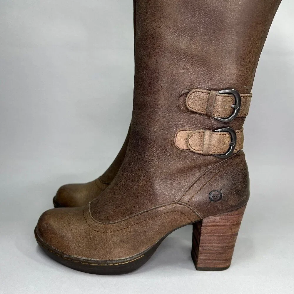 Born Women's Size 6 Tall Brown Leather‎ Buckle Strap Heeled Riding Boots